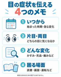 目の症状で眼科を受診する目安｜かすみ・充血・痛みの相談ガイドのアイキャッチ画像