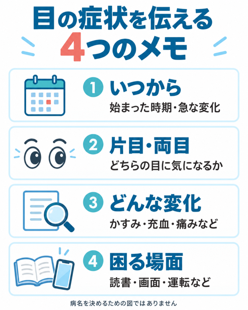 目の症状を伝えるための4つのメモ。いつから、片目か両目か、どんな変化か、困る場面を整理する図。